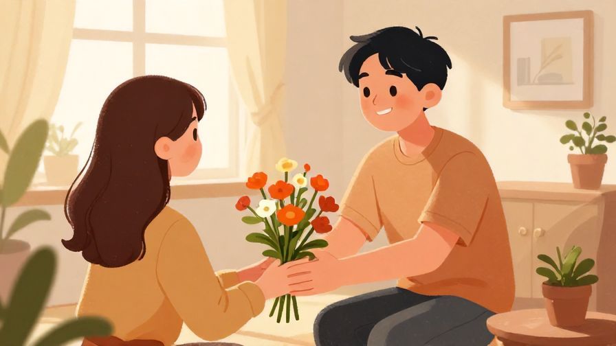Illustration%20of%20a person smiling warmly while handing flowers to another in a cozy room filled with soft light and plants