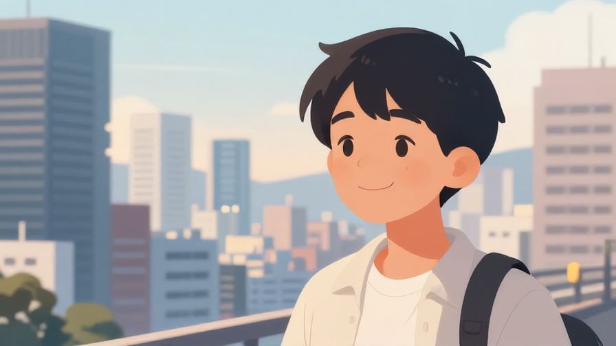 Illustration%20of%20a person smiling warmly with a cityscape of Osaka in the background, soft lighting