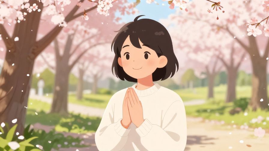 Illustration%20of%20a person smiling warmly with hands clasped, bright daytime park setting with cherry blossoms.
