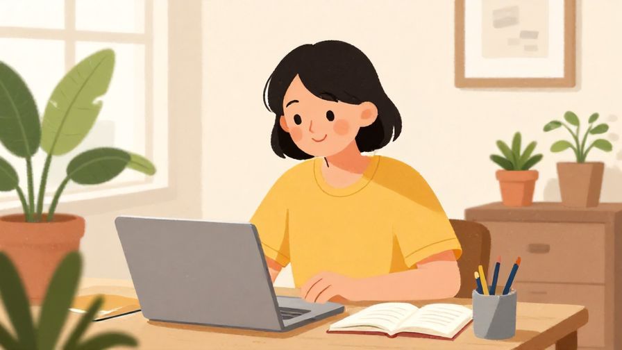 Illustration%20of%20a person smiling while studying Japanese, casually dressed, in a cozy room with plants. Bright and inviting colors.