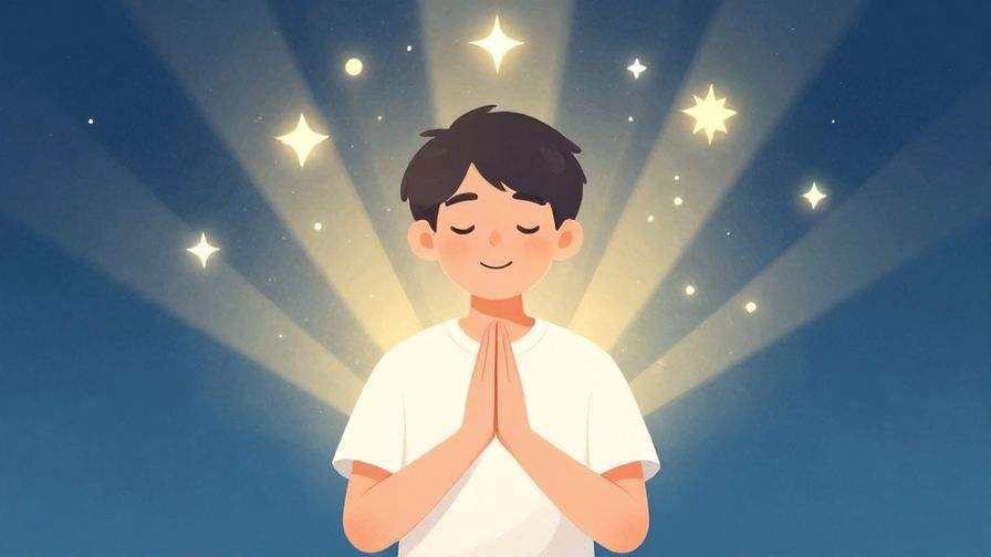 Illustration%20of%20a person smiling while surrounded by floating light rays and stars, clearly focused with a peaceful environment around