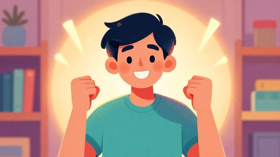 Illustration%20of%20a person smiling with clenched fists, surrounded by soft glowing light, indoors, vibrant colors, illustrated style