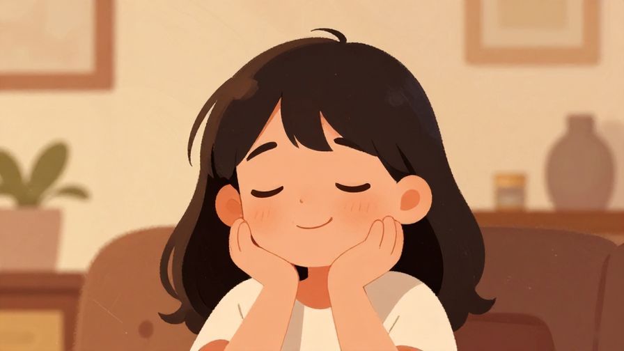 Illustration%20of%20a person smiling with eyes closed, relaxed and content, warm cozy room background, illustrated style