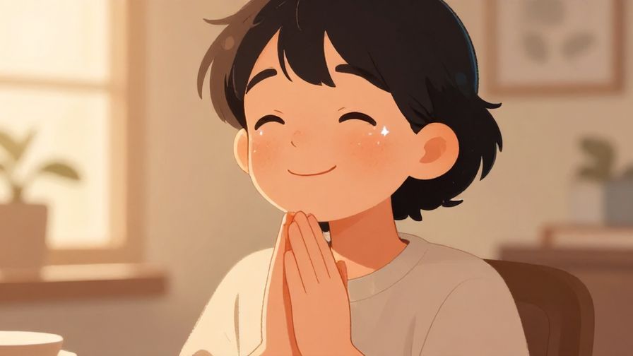 Illustration%20of%20a person smiling with sparkling eyes, clasping hands in anticipation, indoors with soft glowing light