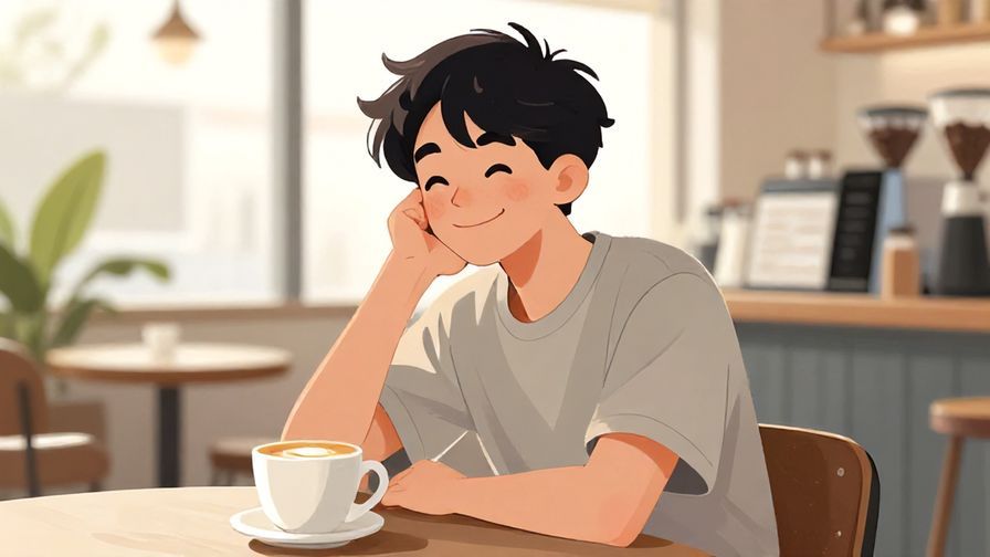 Illustration%20of%20a person smirking with a relaxed posture, bright café background, illustrated style