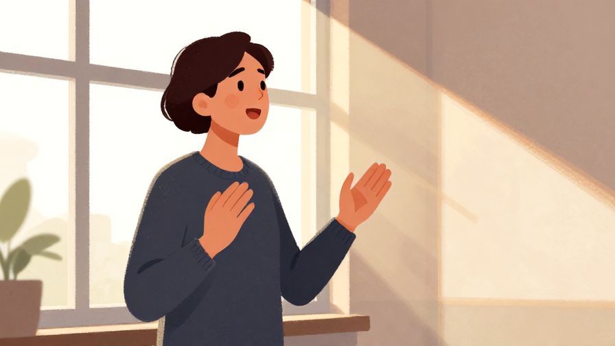 Illustration%20of%20a person speaking passionately with hands slightly raised, standing in front of a window with sunlight streaming in, illustrated style