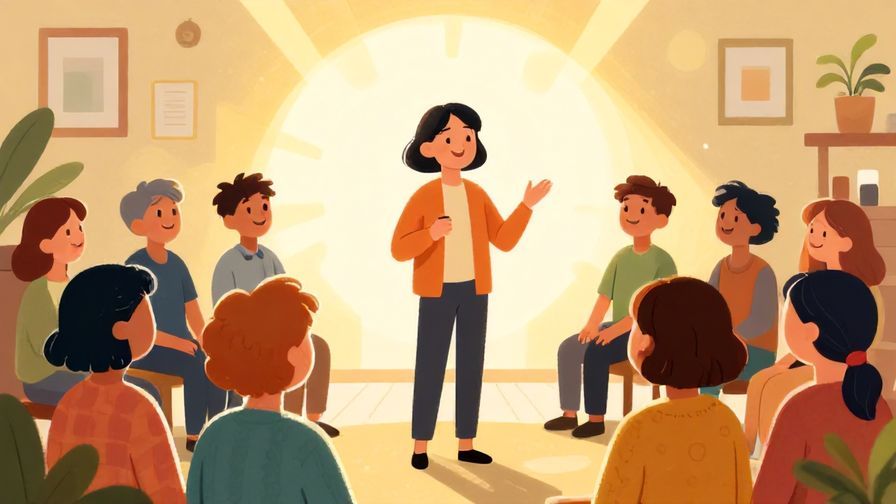 Illustration%20of%20a person speaking warmly surrounded by happy listeners under bright sunlight with gentle sun rays illuminating the scene%2C%20vibrant%20colors%2C%20illustrated%20style