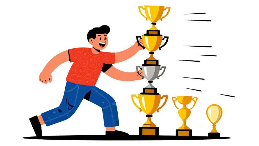 Illustration%20of%20a person stacking trophies rapidly with a big grin, vibrant colors, illustrated style