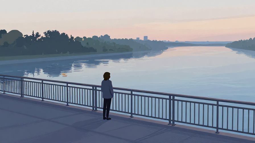 Illustration%20of%20a person standing alone on a bridge looking out at a river, soft evening light, calm atmosphere