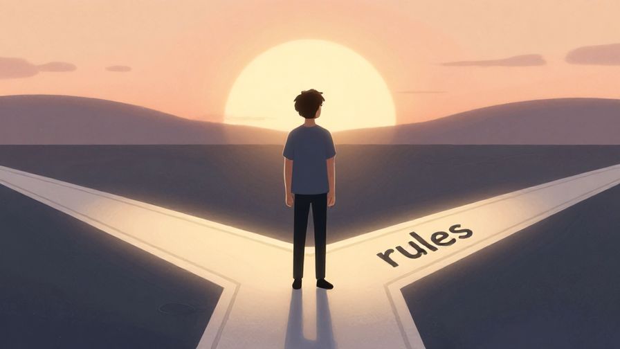 Illustration%20of%20a person standing at a crossroads with one path brightly lit and marked “rules,” thoughtful expression, soft sunset lighting