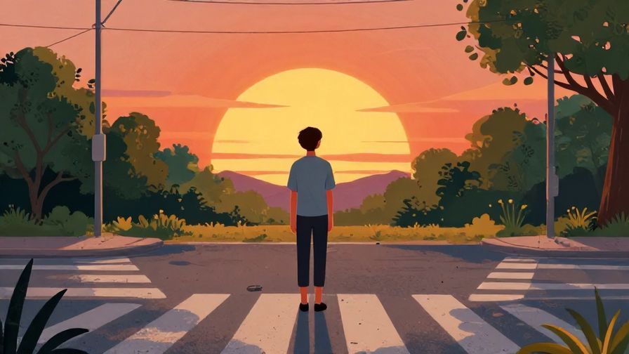 Illustration%20of%20a person standing at a crossroads at sunset, looking contemplative yet peaceful, symbolizing surrender to fate, detailed background, vibrant colors, illustrated style