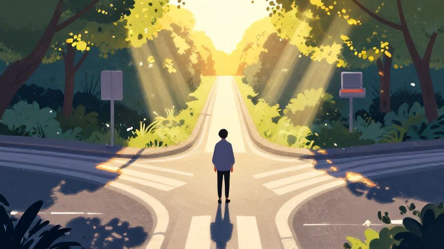 Illustration%20of%20a person standing at a crossroads at dawn, sun rays illuminating different paths. Vibrant colors, illustrated style
