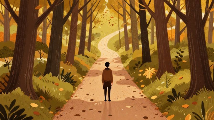 Illustration%20of%20a person standing at a fork in a forest path, looking thoughtfully at diverging trails with autumn leaves