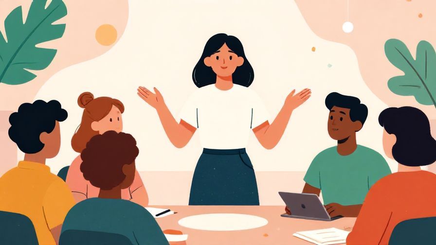 Illustration%20of%20a person standing confidently with an open hand gesture, speaking in a group discussion, vibrant colors, illustrated style