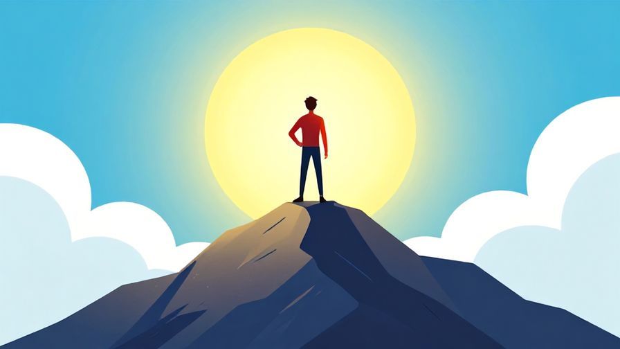 Illustration%20of%20a person standing confidently on a mountain peak, bright sunlight shining down, vibrant colors