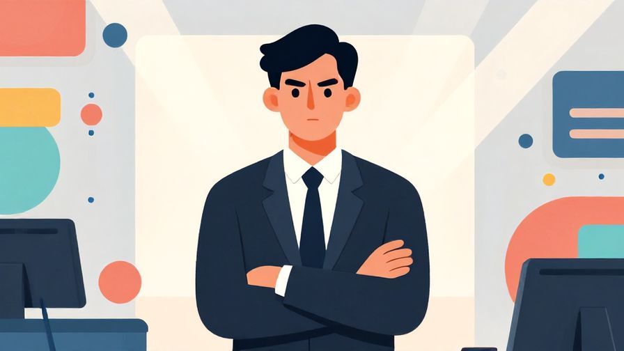 Illustration%20of%20a person standing firmly with arms crossed, serious expression, in a formal office space with abstract shapes and light rays, vibrant colors, illustrated style