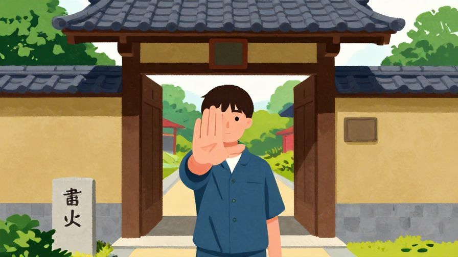 Illustration%20of%20a person standing firmly with an outstretched hand signaling “stop,” in front of a traditional Japanese doorway, vibrant colors, illustrated style