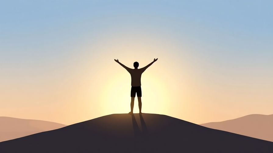 Illustration%20of%20a person standing on a hilltop with arms spread wide towards the sky at sunrise