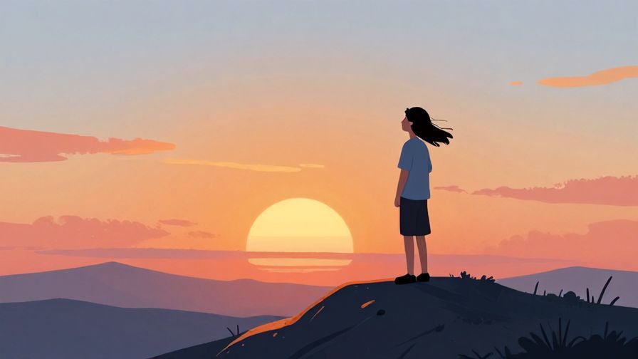 Illustration%20of%20a person standing on a hilltop watching a sunset%2C%20peaceful%20expression%2C%20vibrant%20colors%2C%20illustrated%20style