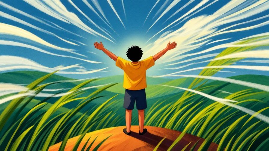 Illustration%20of%20a person standing on a hilltop with their arms spread, feeling the wind, surrounded by tall grass moving in the breeze, detailed background, vibrant colors, illustrated style