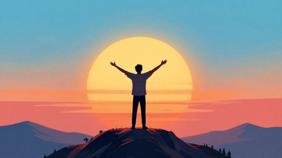 Illustration%20of%20a person standing on a mountain top looking at a vast sunrise, arms open wide, feeling free and inspired, vibrant colors, illustrated style