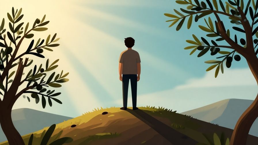 Illustration%20of%20a person standing tall on a hilltop with a gentle breeze, sun rays shining, and olive branches swirling around