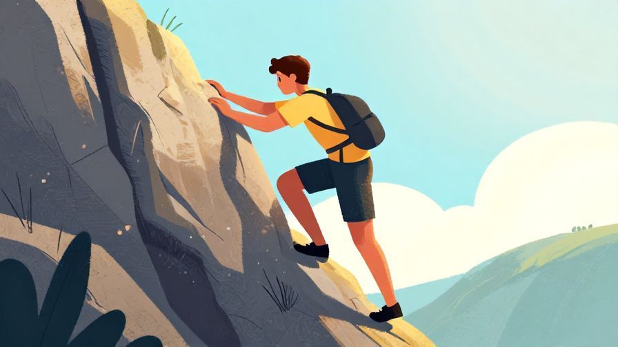 Illustration%20of%20a person steadily climbing a rocky path, focused and determined, bright morning light, vibrant colors, illustrated style