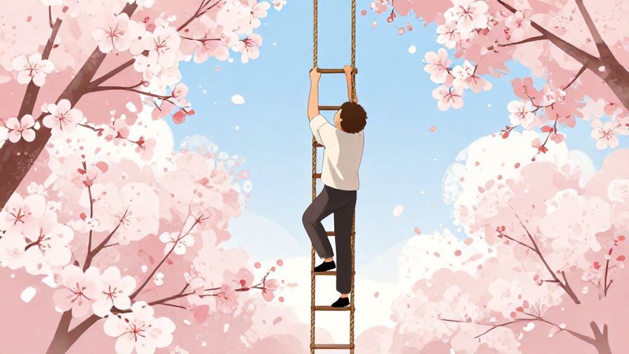 Illustration%20of%20a person steadily climbing a rope ladder with determination, surrounded by cherry blossoms, soft pinks and blues, illustrated style