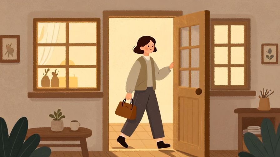 Illustration%20of%20a person stepping inside a cozy house with a handbag%2C smiling face%2C warm indoor lighting%2C illustrated style