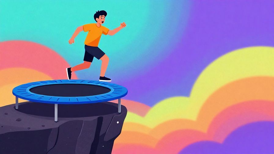 Illustration%20of%20a person stepping off a small cliff onto a trampoline below, looking excited but cautious, colorful and lively background