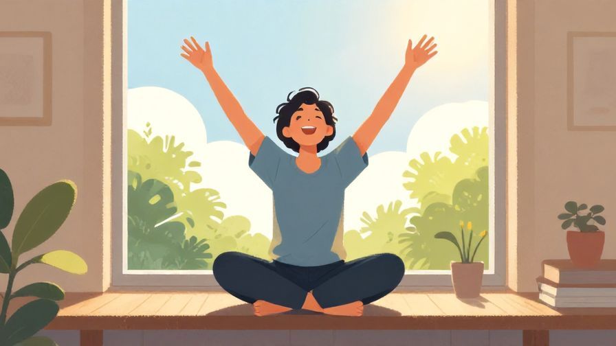 Illustration%20of%20a person stretching arms upward joyfully at a sunny window after sitting for long%2C%20illustrated%20style