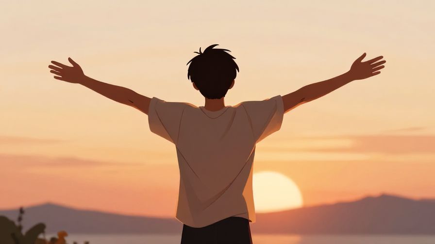 Illustration%20of%20a person stretching arms wide outdoors at sunset, feeling relaxed and hopeful