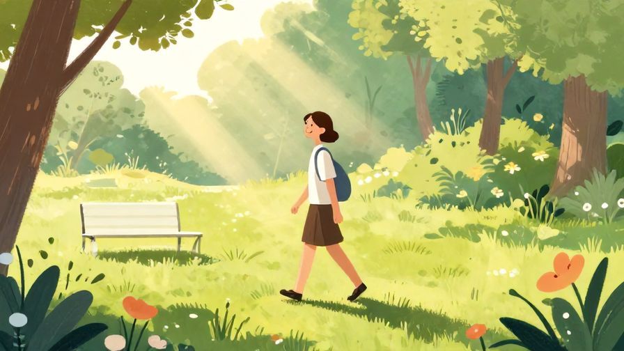 Illustration%20of%20a person strolling leisurely in a park with a gentle smile, soft sun rays and flowers around, calm and inviting colors, illustrated style