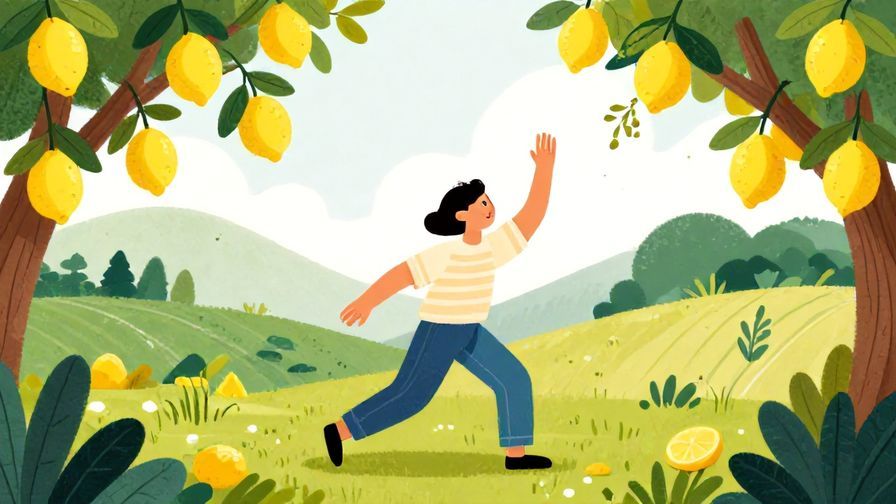 Illustration%20of%20a person stumbling but getting up each time with determination, surrounded by a natural landscape with lemons hanging on branches, vibrant colors, illustrated style