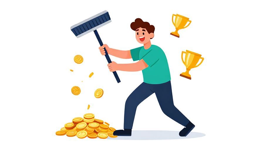 Illustration%20of%20a person sweeping a pile of coins and trophies into their arms with a big smile, dynamic and colorful style