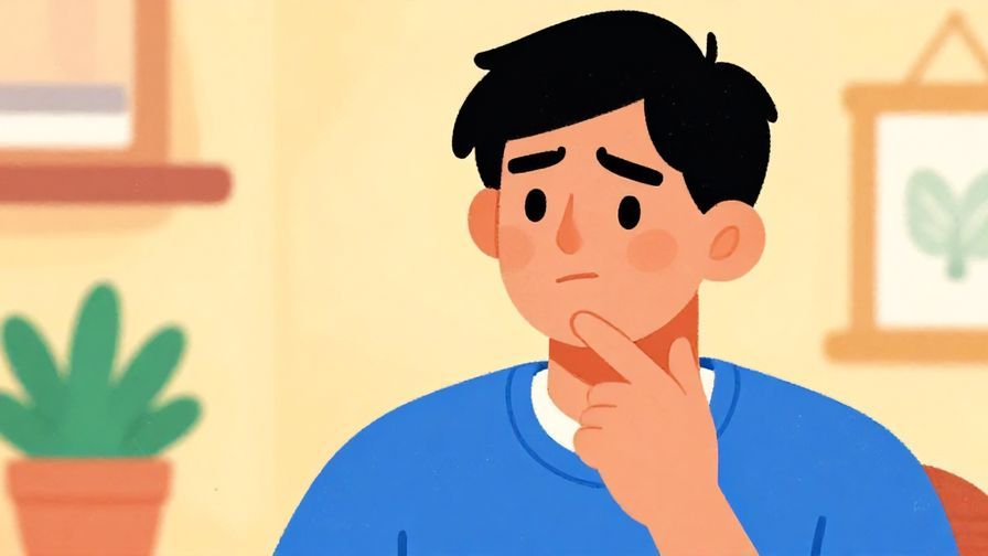 Illustration%20of%20a person tapping their chin while making a thinking face%2C casual setting%2C vibrant%20colors%2C%20illustrated%20style