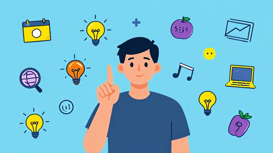 Illustration%20of%20a person thoughtfully holding up one finger surrounded by various icons representing ideas, bright and clear colors, illustrated style