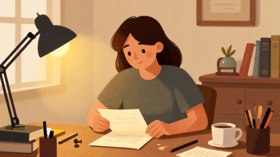 Illustration%20of%20a person thoughtfully rewriting a letter at a desk, surrounded by warm lighting and cozy room decor, illustrated style