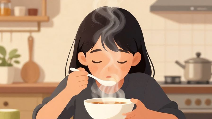 Illustration%20of%20a person thoughtfully tasting soup, eyes half-closed in focus, with warm kitchen setting and steam rising elegantly.