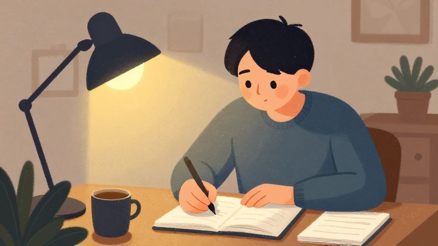 Illustration%20of%20a person thoughtfully writing notes at a desk with soft desk lamp light, cozy setting, illustrated style