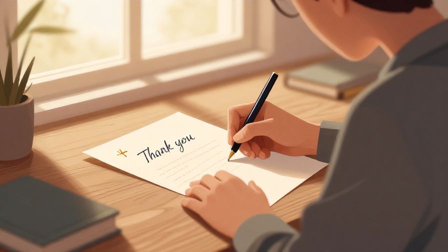 Illustration%20of%20a person thoughtfully writing a thank-you letter at a wooden desk by window light, elegant atmosphere