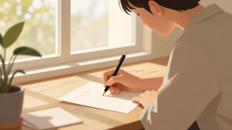 Illustration%20of%20a person thoughtfully writing a letter by a window, soft natural light, warm indoor setting