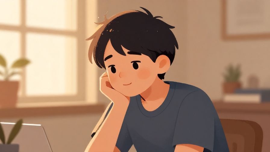 Illustration%20of%20a person tilting their head slightly, hand on chin, pondering with a small smile in a cozy room, warm light filtering through window