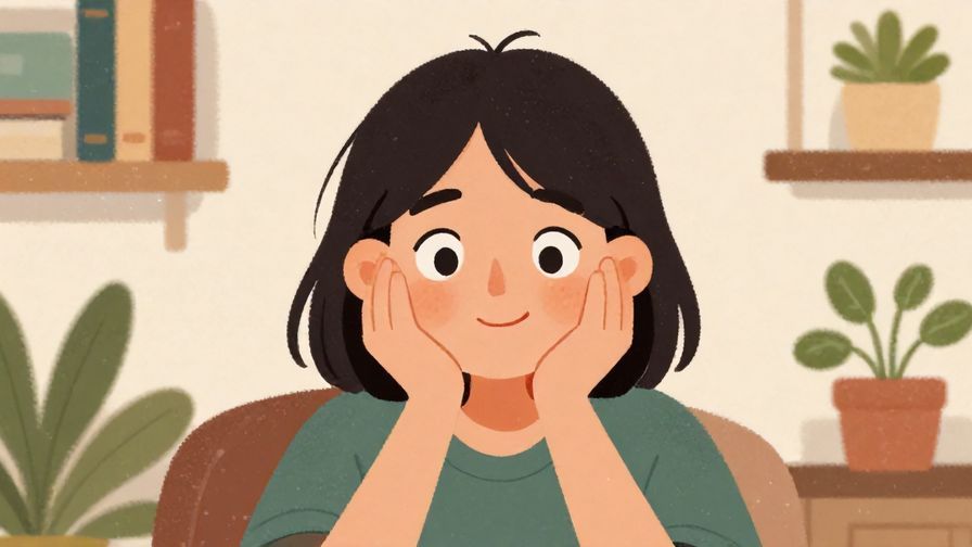 Illustration%20of%20a person tilting their head with a curious and friendly expression, cozy room with books and plants, illustrated style