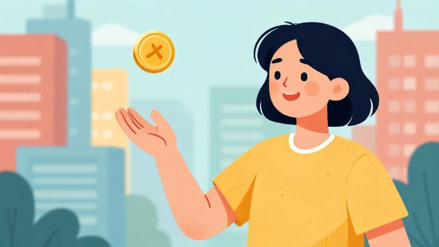 Illustration%20of%20a person tossing a coin with a carefree smile, colorful cityscape background, illustrated style
