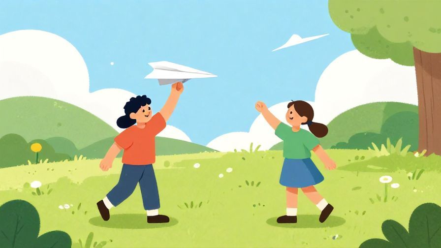 Illustration%20of%20a person tossing a paper airplane back to another, bright playful colors, outdoor setting