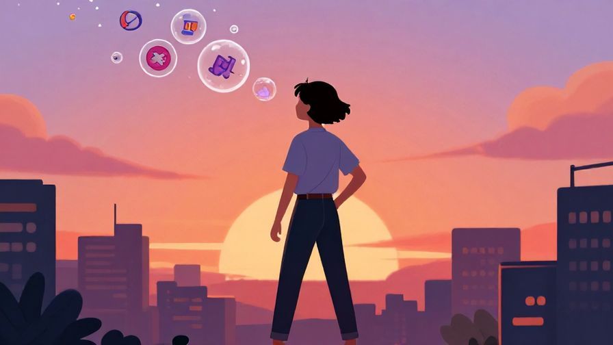 Illustration%20of%20a person turning their back confidently, a bubble of unrelated symbols floating away, urban background with a sunset sky, vibrant colors, illustrated style