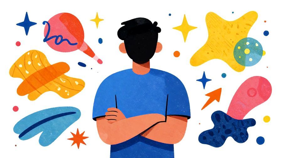 Illustration%20of%20a person turning their back with arms crossed, surrounded by abstract shapes and stars, vibrant colors, illustrated style