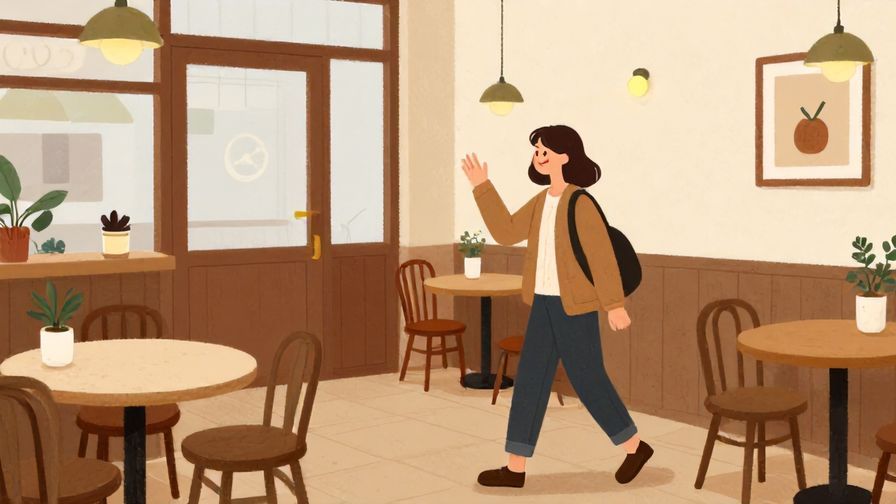 Illustration%20of%20a person turning to leave with a wave and smile, cozy cafe interior, warm colors, illustrated style