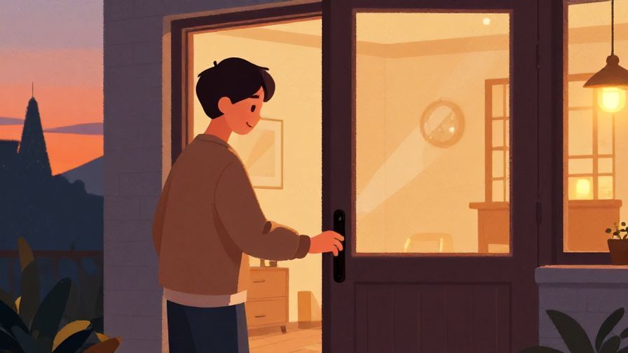 Illustration%20of%20a person unlocking the front door at sunset%2C relaxed smile%2C warm home lights inside%2C illustrated style